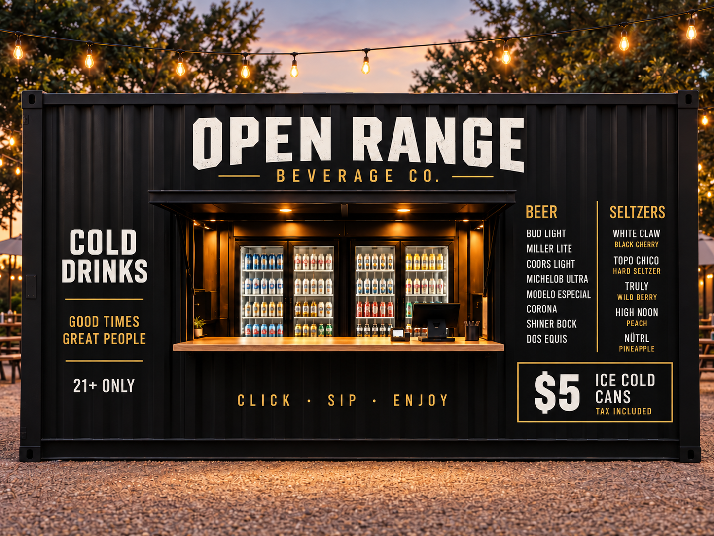 Open Range Beverage Co black shipping-container beer stand lit up at dusk under string lights
