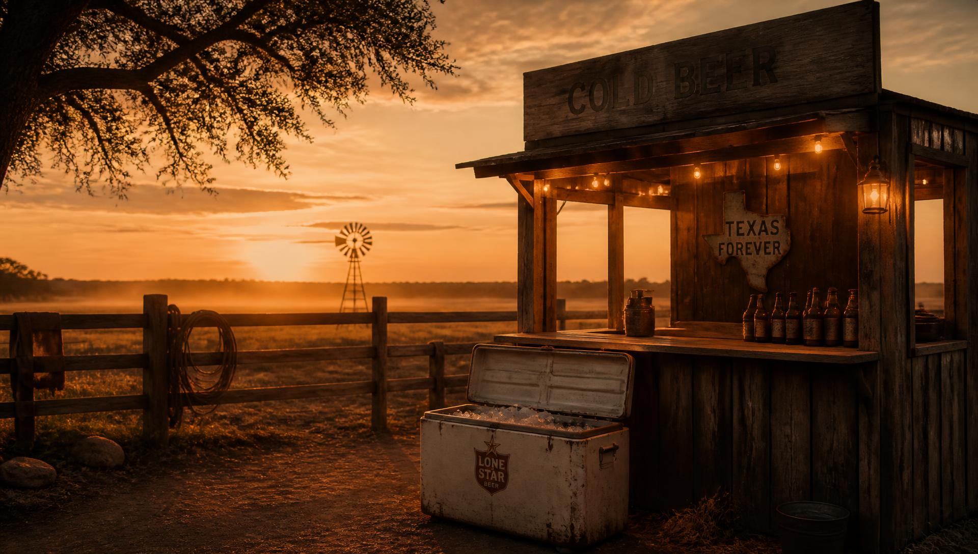 Weathered wooden beer stand with an ice chest beside a fence line at golden dusk in Texas ranch country