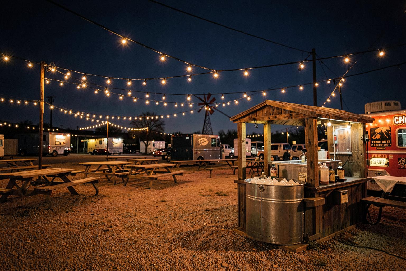 String lights over picnic tables and food trucks at a Texas food truck park at night